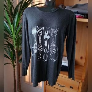 Evidence Soft Lightweight Black Long Sleeve Sparkle Cat Print Sweater
